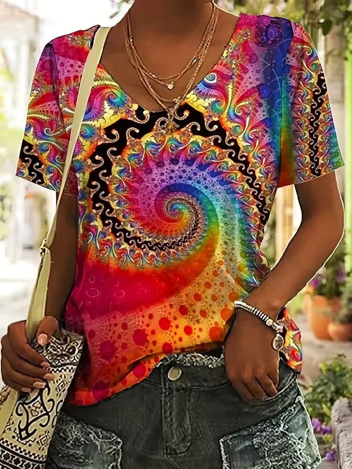 Valenzora | Vibrant retro V-neck T-shirt for women