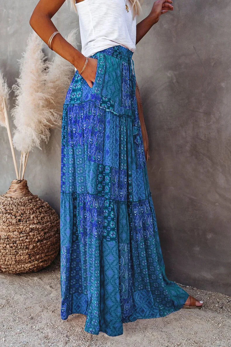 Valenzora | High-waisted long printed A-line skirt floral skirt