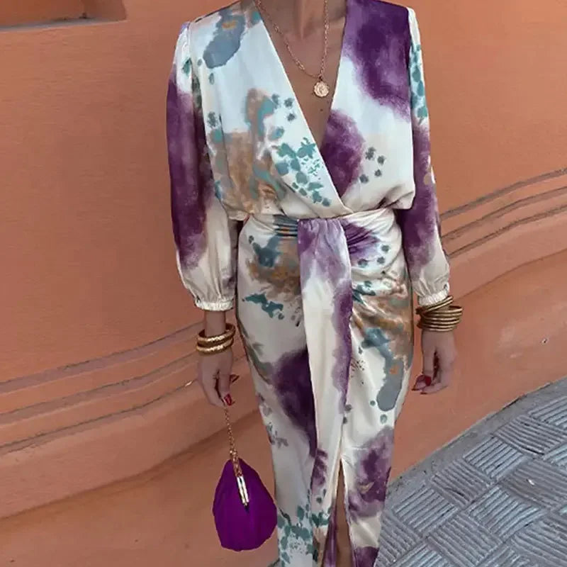 Valenzora | Batik wrap midi dress with puff sleeves
