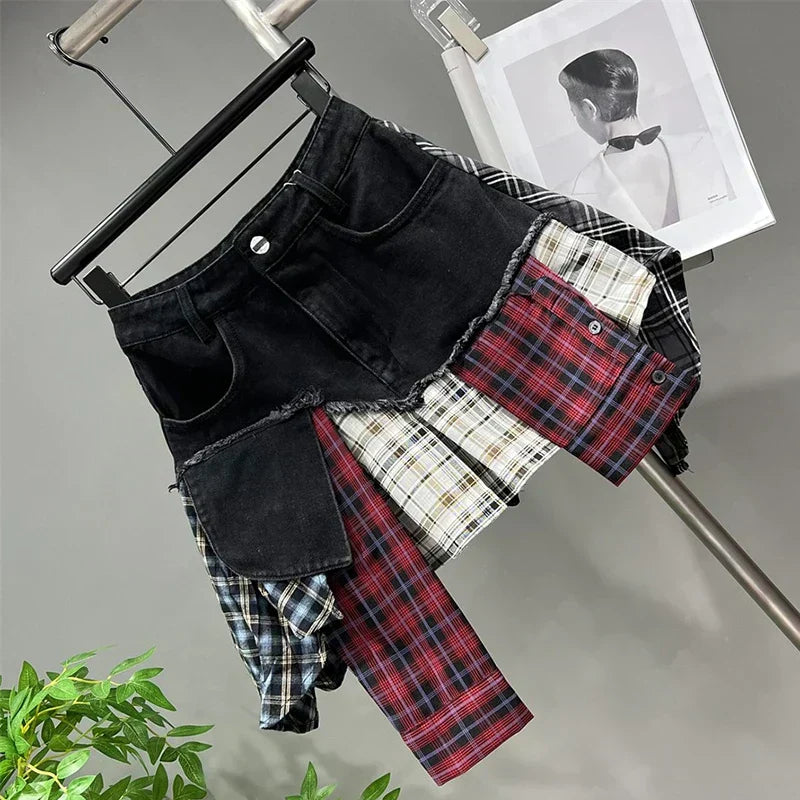 Valenzora | Vintage Irregular Patchwork Checkered Denim Short Skirts for Women High Waist Wrapped Hip Mini Skirt Summer Female