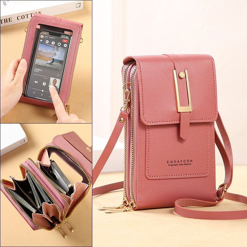 Valenzora Leder-Smartphone-Clutch | Damenhandtasche mit Touchscreen-Fenster