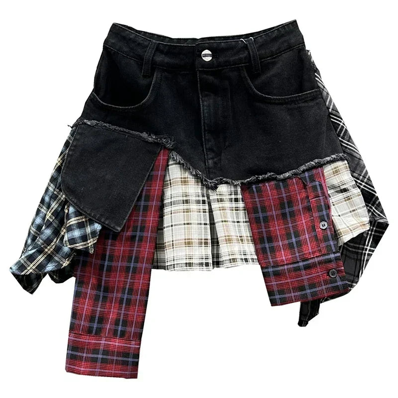Valenzora | Vintage unregelmäßige Patchwork-karierte Jeans-Miniröcke für Damen, hohe Taille, Wickelrock, Minirock, Sommer Damen