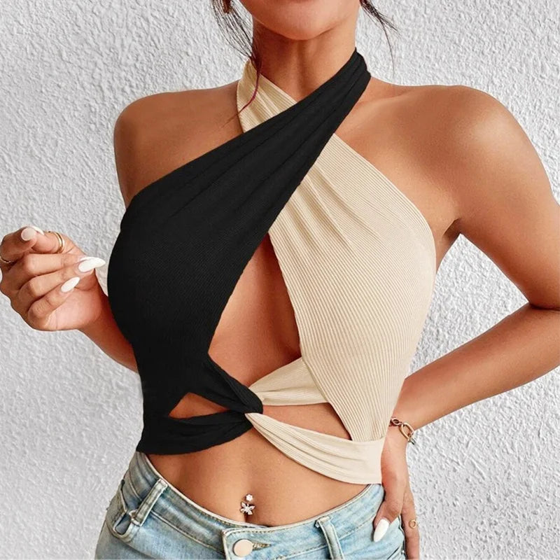 Valenzora | Damen-Sommer-Tanktops Sexy Patchwork Kreuz Halter Neck Träger Loch Crop Tops High Street Wear Neue Mode