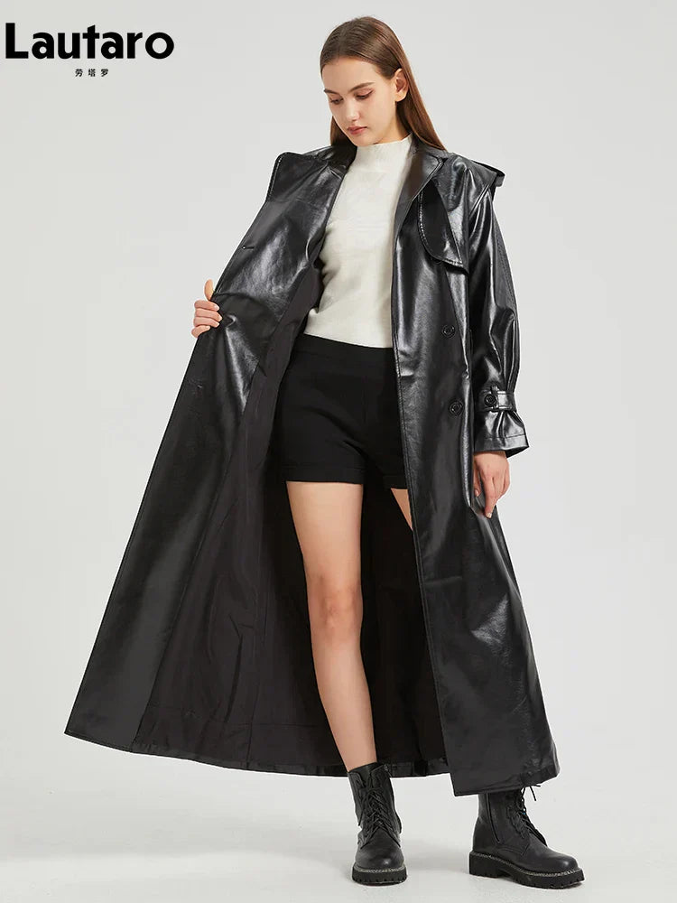 Valenzora | Lautaro Herbst Extra Langer Gold Glänzender Lack-PU-Leder Trenchcoat für Damen Einfache Schnalle Luxus Designer Übermantel