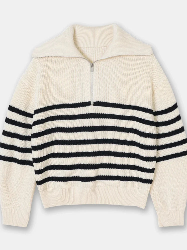 Damen-Pullover mit breitem Rollkragen und gestreiftem Revers