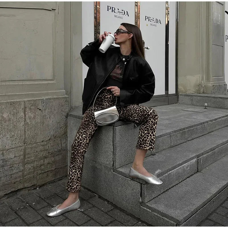 Valenzora Jeans mit Leopardenmuster | Stylische, schmale Streetwear-Hose für Damen im Bleistift-Stil