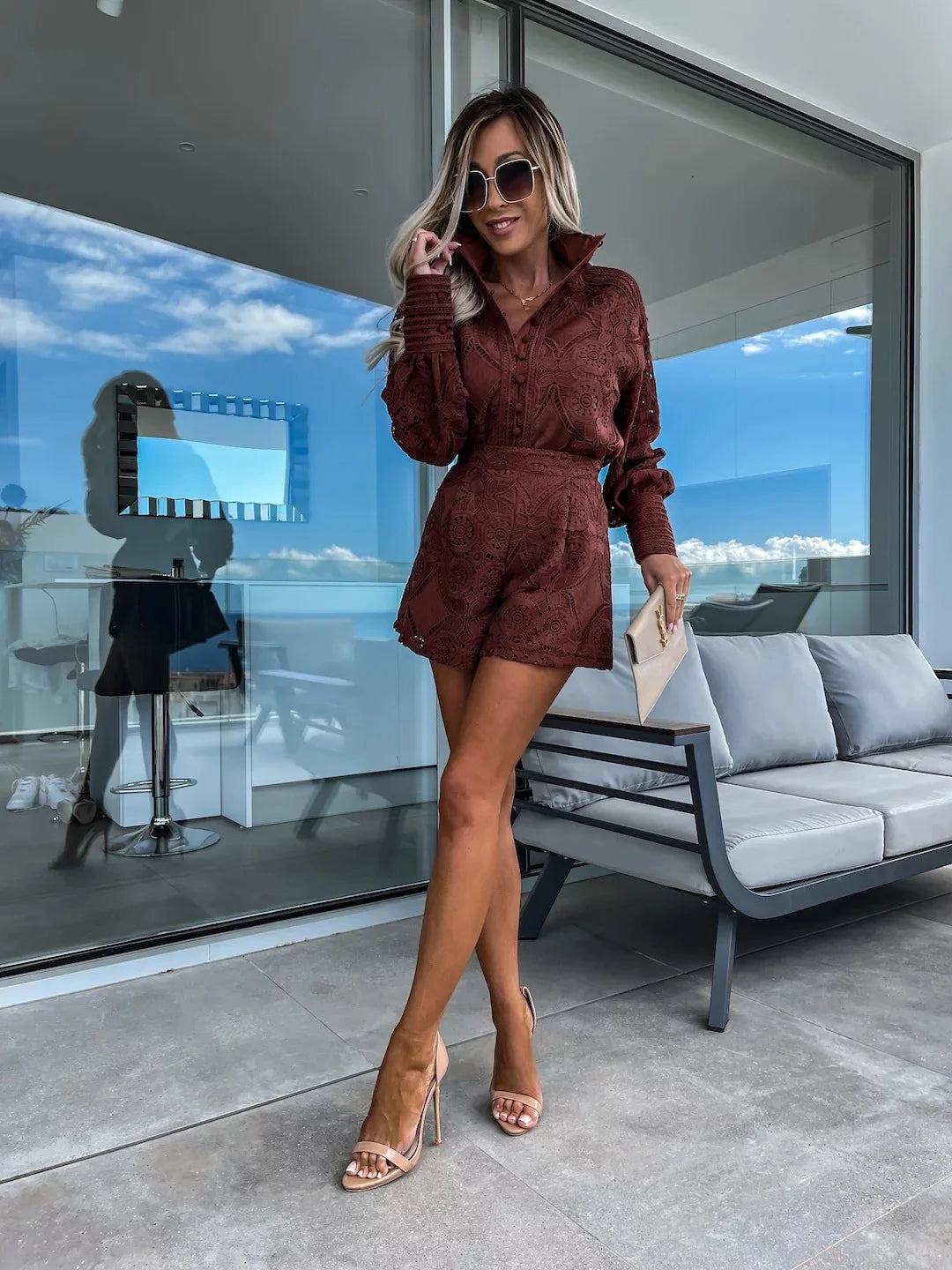 Valenzora | Foridol Vintage Einreihiger Weißer Spitzen-Damen-Shorts-Set Frühling Langarm Lässige Party 2-Teilige Outfits Damenanzug Sommer