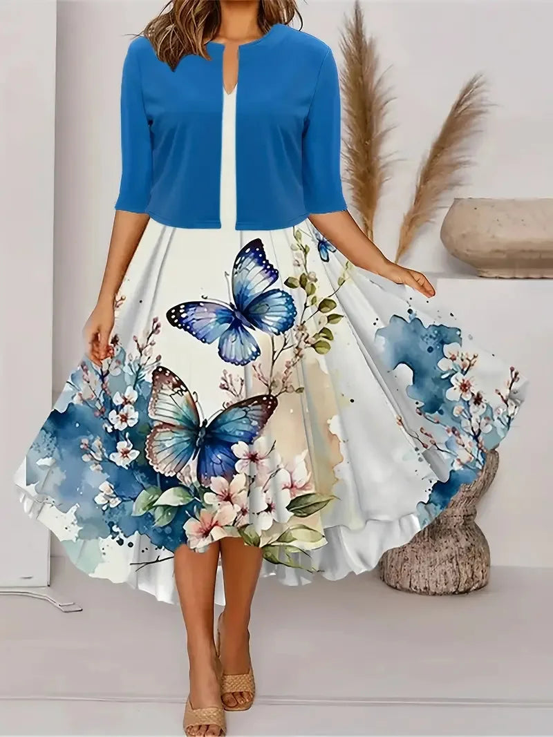 Valenzora | Neu für den Sommer! EU US Herbst Damen 2-teiliges langes Kleid Set Blumen- und Graspunkt Rundhalskleid mit Chiffon Kurzjacke