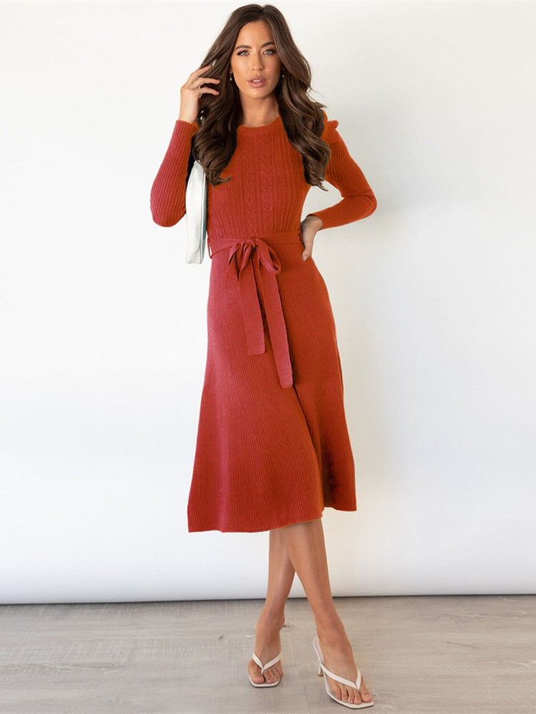 Valenzora | Elegantes Strick-Midikleid mit Gürtel für Damen