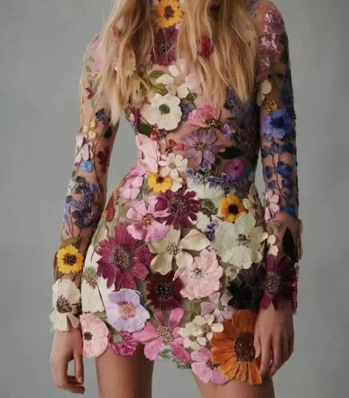 Valenzora | 3D embroidered mesh dress with flowers for women