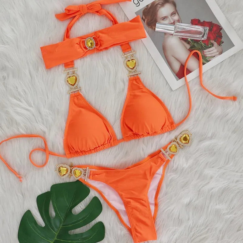 Valenzora | Rosa sexy Bikinis Bademode mit Herz-Strasssteinen Damen Bademode Weiblicher Push-Up Bikini Strand Bademode Badeanzüge Pool Bademode