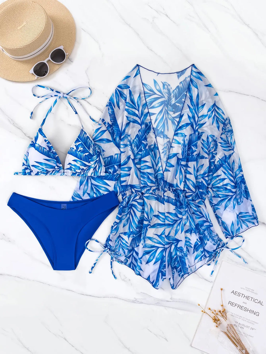 Valenzora | 3-teiliger Bikini mit tropischem Print, Neckholder, seitlicher Schnürung, Damen-Badeanzug, weibliche Bademode, Sommer-Strandbekleidung