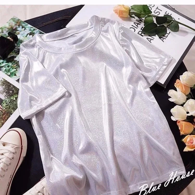 Valenzora | S 5XL Women's Sparkling Shiny Metallic Holographic Round Neck Short Sleeve Casual Loose Top Festival Party T-Shirt Women's Clothing
