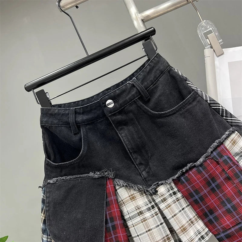 Valenzora | Vintage unregelmäßige Patchwork-karierte Jeans-Miniröcke für Damen, hohe Taille, Wickelrock, Minirock, Sommer Damen