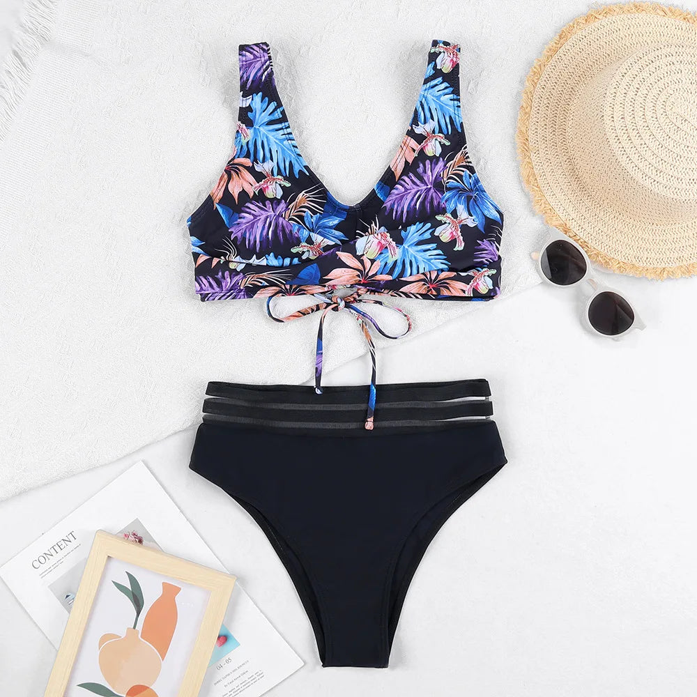 Valenzora | Schnür-High-Waist-Bikini Damen Bademode Damen Badeanzug Gepolstert Push-Up Floral Badeanzug Damen Bikini-Set