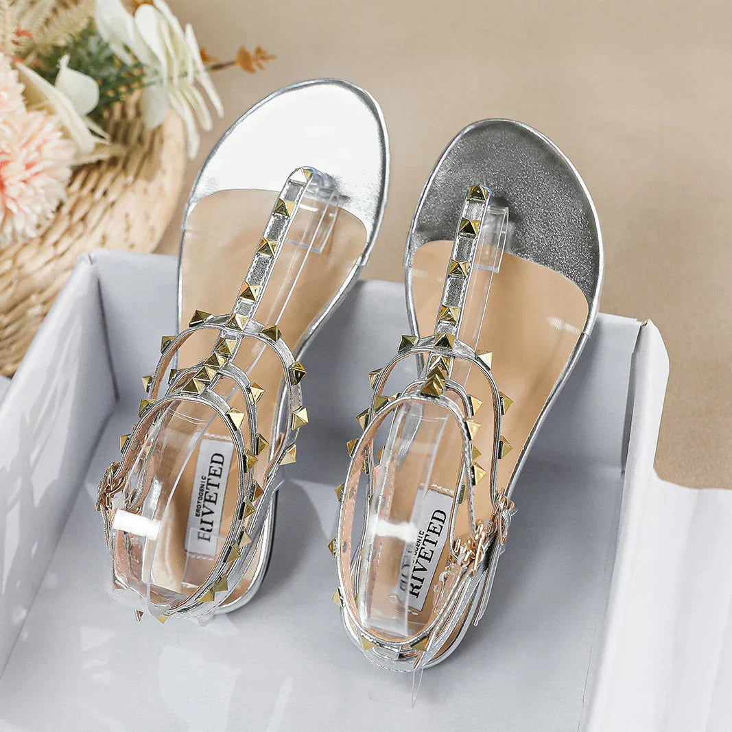 Valenzora | New Summer Outdoor Women's Flat Sandals British Style Women's Casual Roman Flat Stylish Studded Design Work and Party