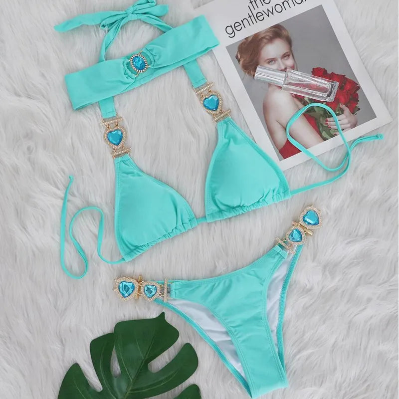 Valenzora | Rosa sexy Bikinis Bademode mit Herz-Strasssteinen Damen Bademode Weiblicher Push-Up Bikini Strand Bademode Badeanzüge Pool Bademode