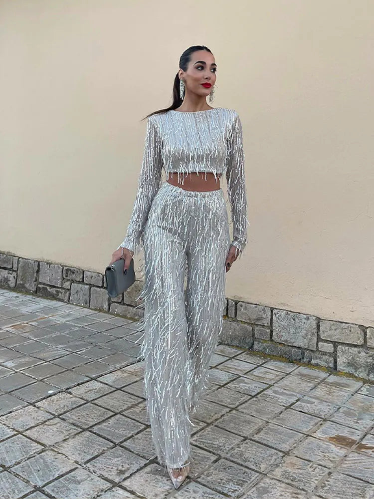 Valenzora | Damen-Mode Pailletten Zweiteiler Sexy Ärmelloses, Trägerloses Tanktop Lange Weite Hose Luxuriöse Party Club Schicke Outfits