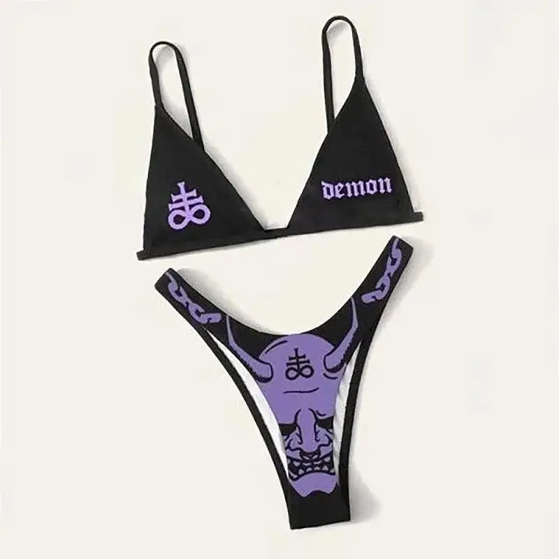 Valenzora | Sexy Goth Bikini Women's Letter Skull Print Swimsuit Split Swimsuit High Waist Gothic Bikini Set Beach Outfits