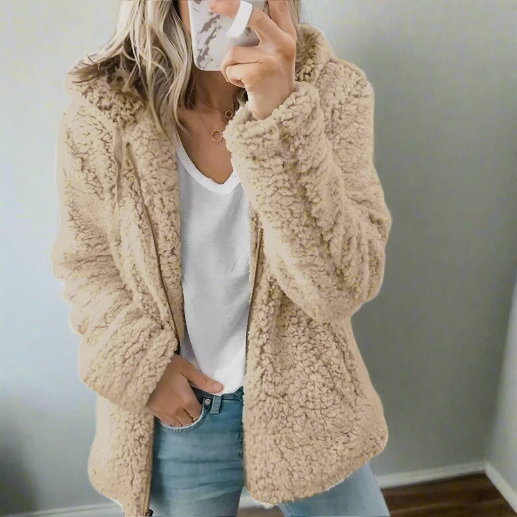 Valenzora | Women's Teddy Fleece Jacket with Hood - Soft Winter Jacket with Zipper