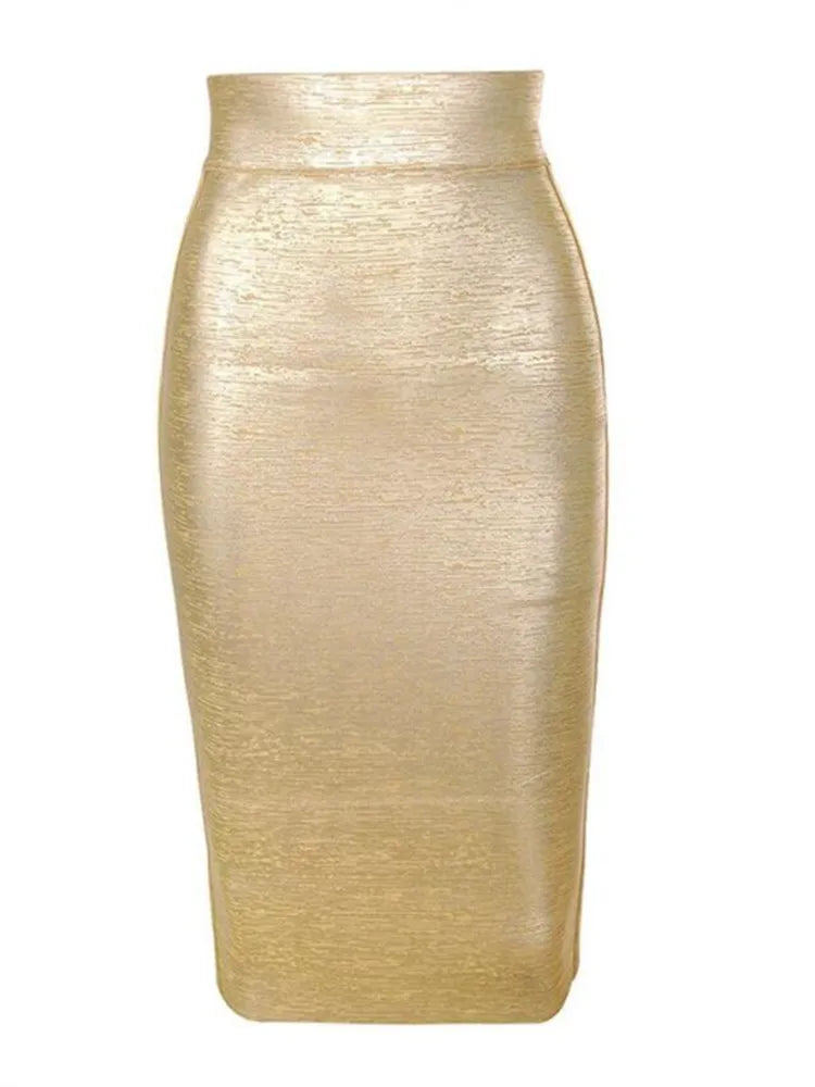 Valenzora | Großhandel Damen Sommer Mode Sexy Gold Bronze Verbandrock Designer Nachtclub Bodycon Bleistiftrock Faldas 46cm