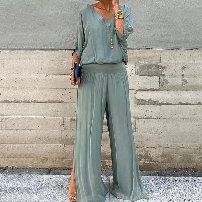 Valenzora | Elegant two-piece set consisting of a chiffon top and wide-leg trousers