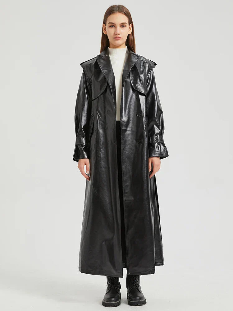 Valenzora | Lautaro Herbst Extra Langer Gold Glänzender Lack-PU-Leder Trenchcoat für Damen Einfache Schnalle Luxus Designer Übermantel