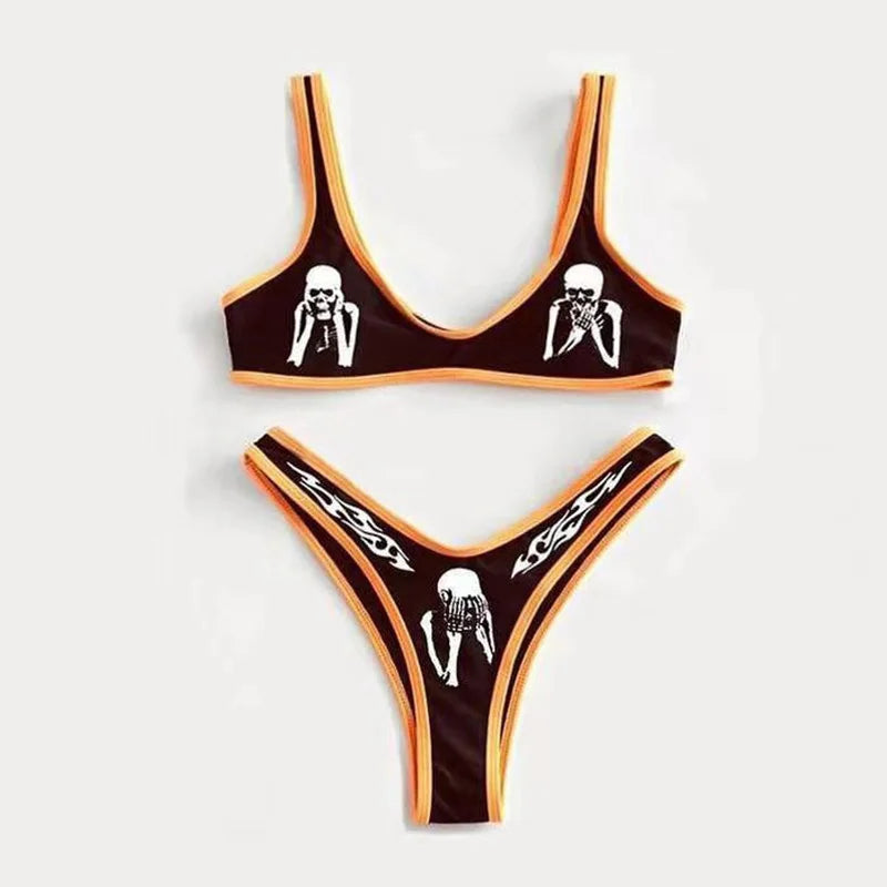 Valenzora | Sexy Goth Bikini Women's Letter Skull Print Swimsuit Split Swimsuit High Waist Gothic Bikini Set Beach Outfits