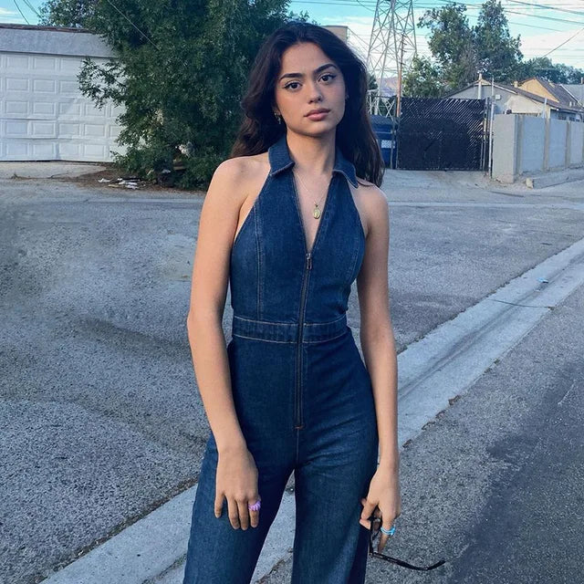 Hugcitar denim jumpsuit with V-neck