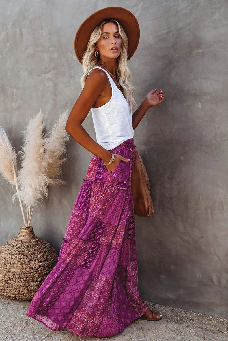 Valenzora | High-waisted long printed A-line skirt floral skirt