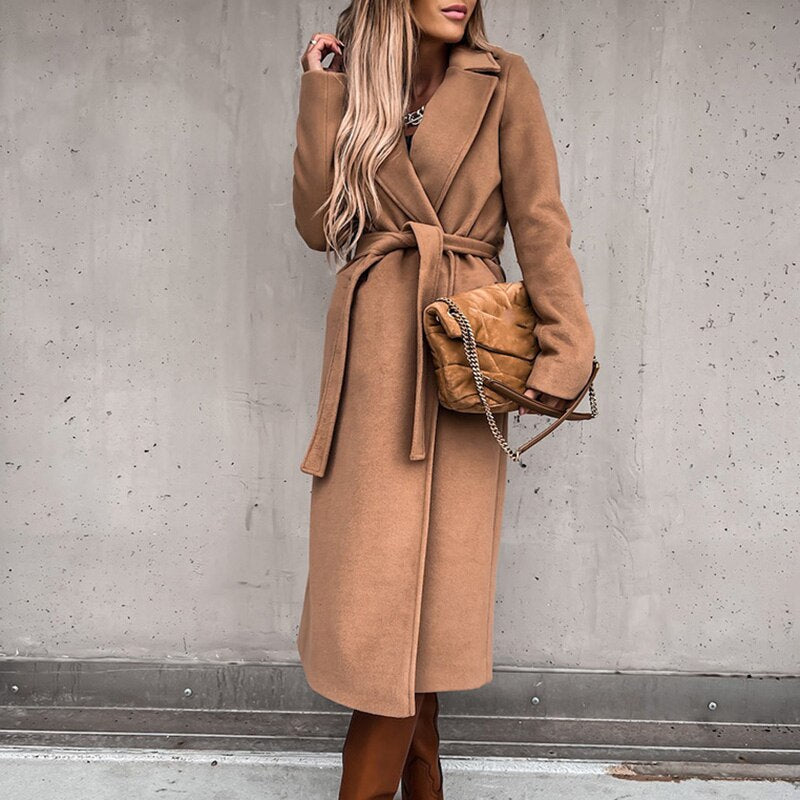 Valenzora Long coat with tie belt