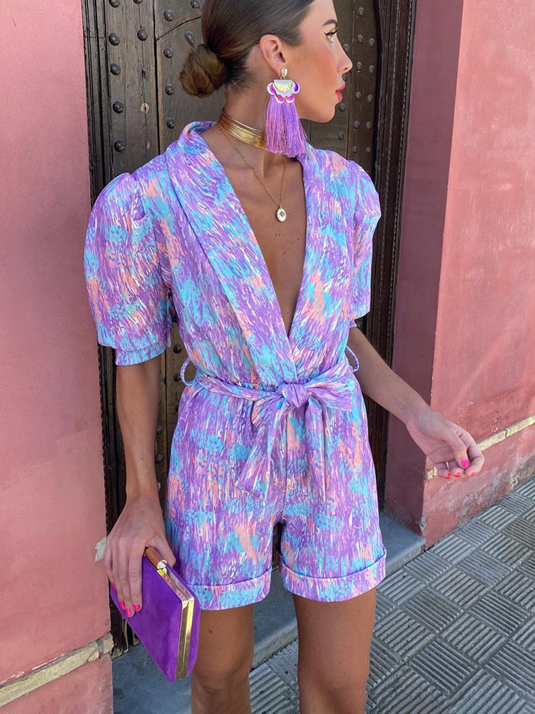 Valenzora Printed Jumpsuit | Modern jumpsuit for women with a deep V-neck and short sleeves
