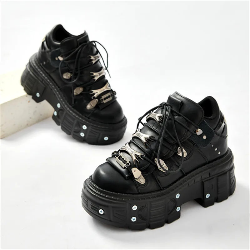 Valenzora | Fashion Women's Ankle Boots, Thin Heels, Round Toe, Lace-Ups, Metal Decoration, Sneakers, Studded, Punk, Gothic, Rock Shoes
