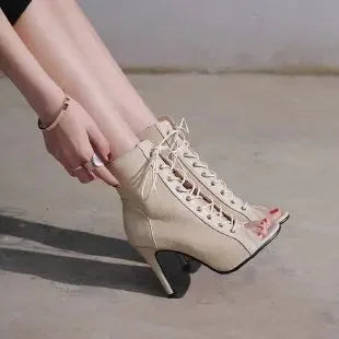 Valenzora | Sandalen Cave Mesh High Heels Gürtelschnalle Damen Sommer Beige Schnürung Sexy Offene Spitze Stiletto Jazz Dance Party Damenschuhe