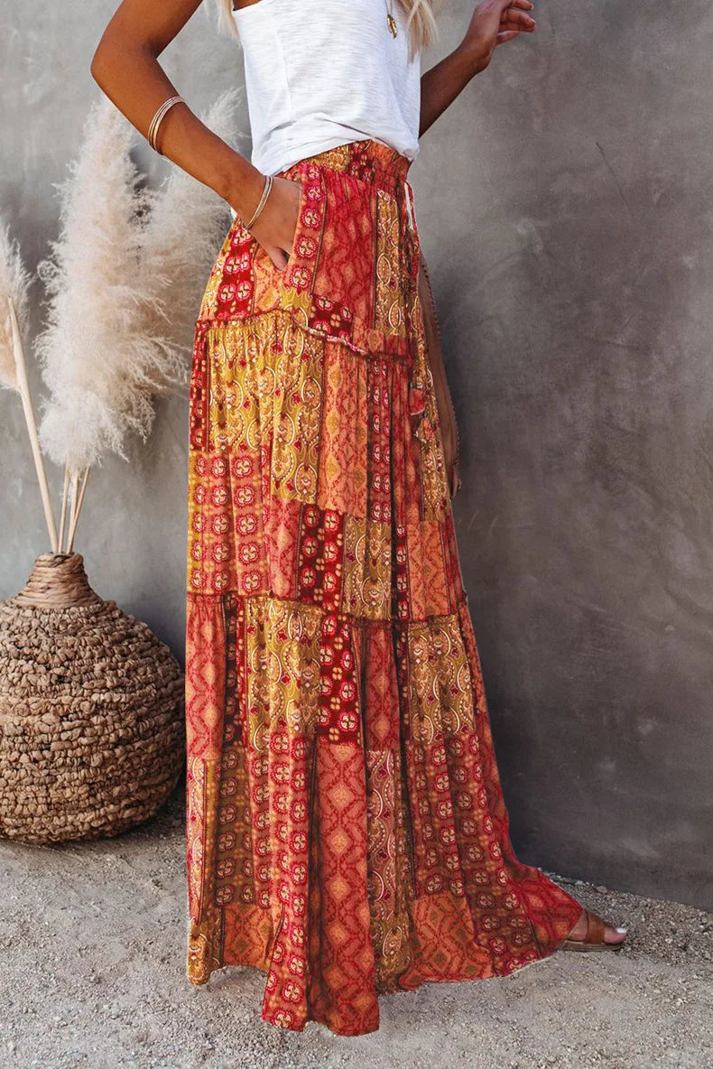 Valenzora | High-waisted long printed A-line skirt floral skirt