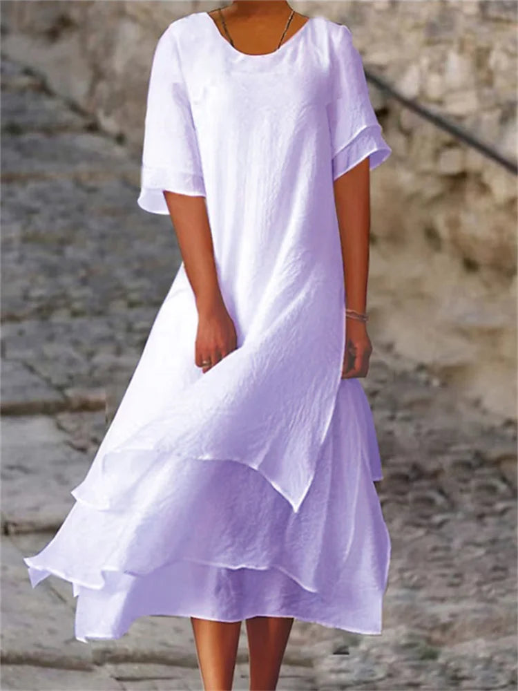Valenzora | Double-layered slit short-sleeved dress with round neckline