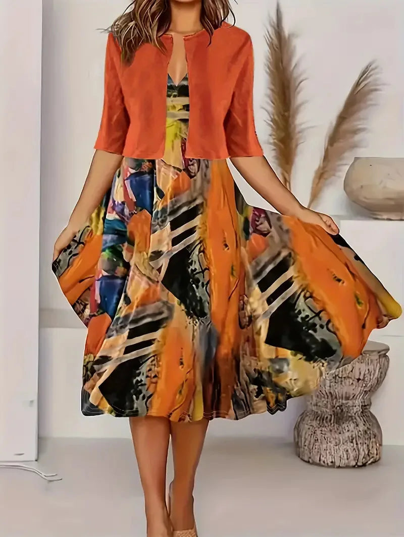 Valenzora | Neu für den Sommer! EU US Herbst Damen 2-teiliges langes Kleid Set Blumen- und Graspunkt Rundhalskleid mit Chiffon Kurzjacke