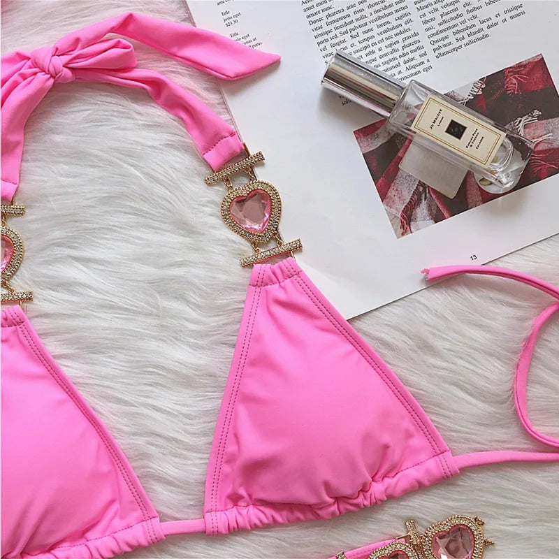 Valenzora | Rosa sexy Bikinis Bademode mit Herz-Strasssteinen Damen Bademode Weiblicher Push-Up Bikini Strand Bademode Badeanzüge Pool Bademode