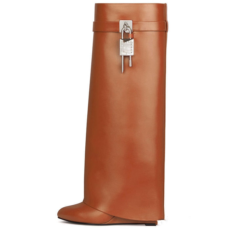 Valenzora | Women's Knee-High Boots Shark Lock Long Thick Soles High Heels Boots Designer Luxury Brand Women's Leather Boots