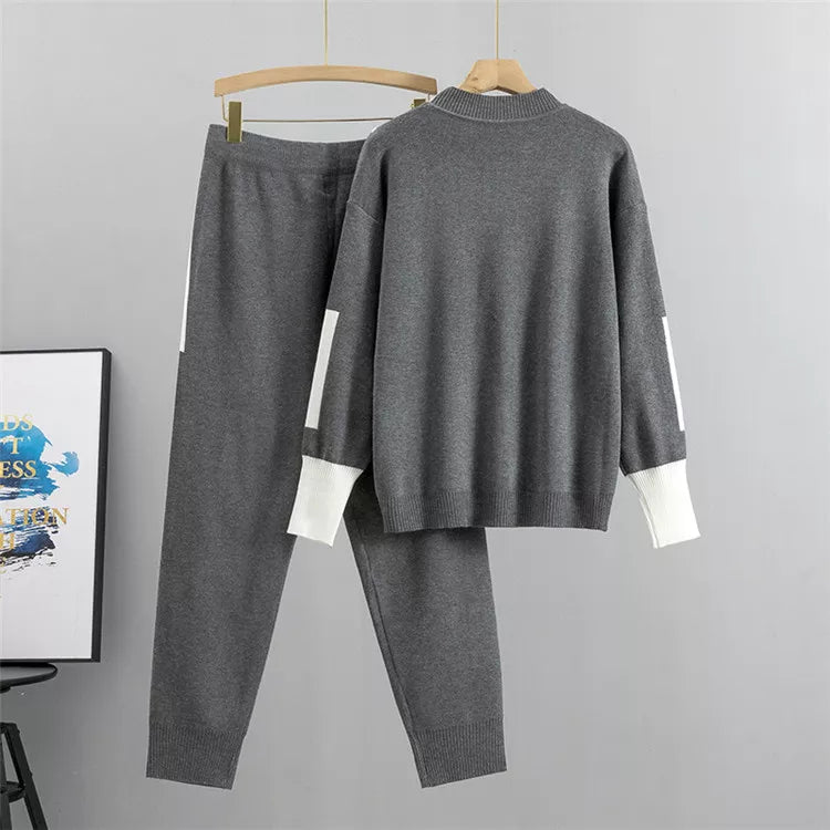 Valenzora | Casual Autumn Knit Patchwork Top and Pants Set for Women
