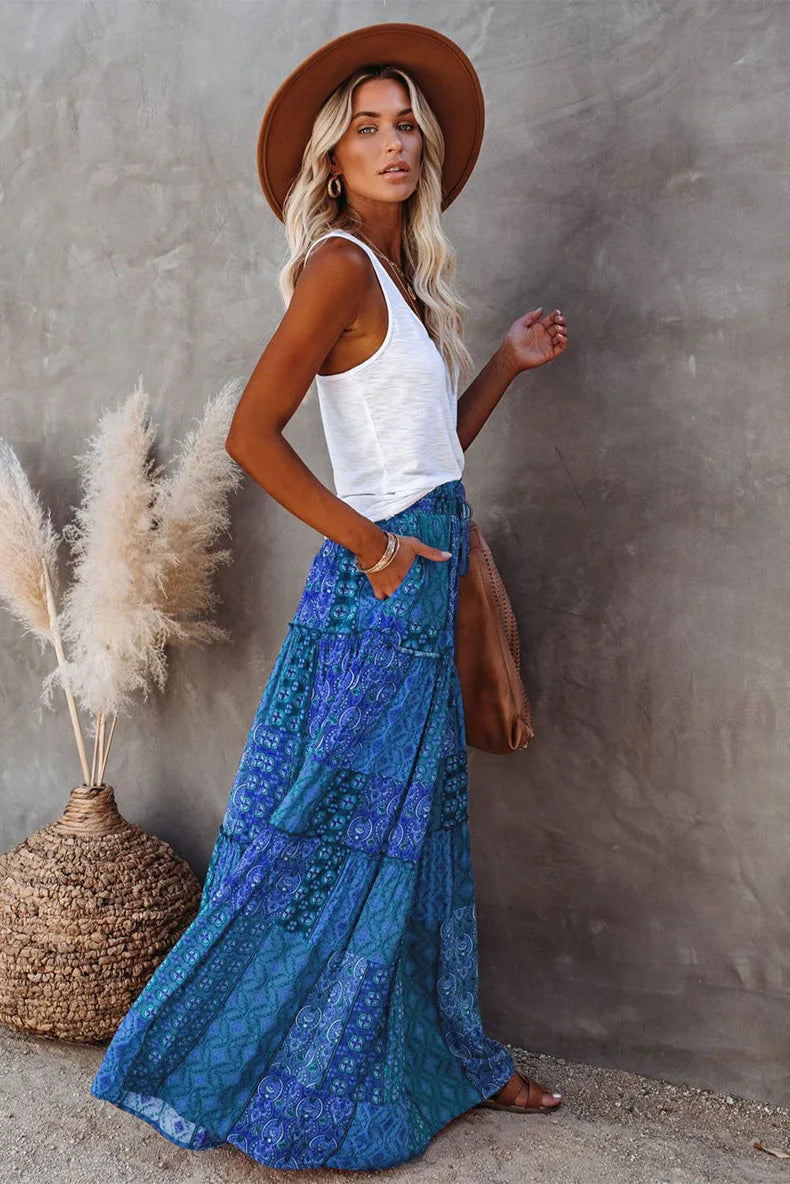 Valenzora | High-waisted long printed A-line skirt floral skirt
