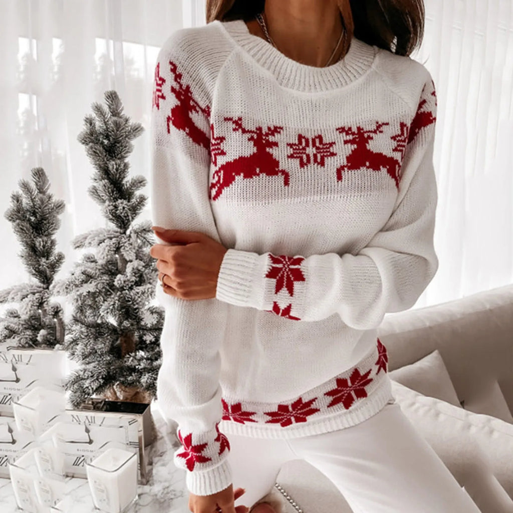 Valenzora – Ugly Christmas Sweater – Bequemer Strickpullover mit Rundhalsausschnitt, Rentier- und Schneeflockenmuster