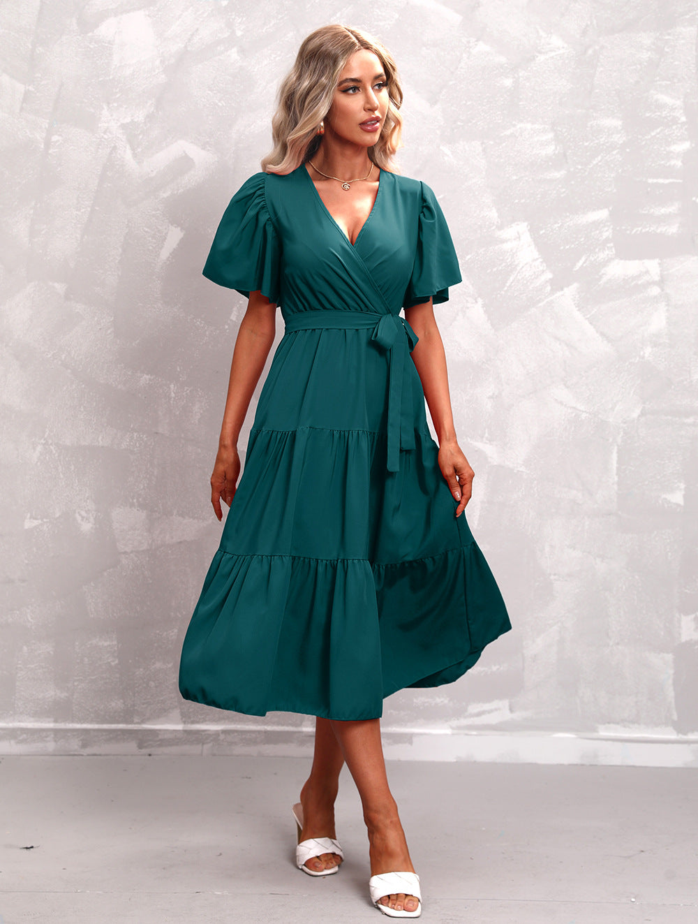 Valenzora - Green midi dress with ruffles