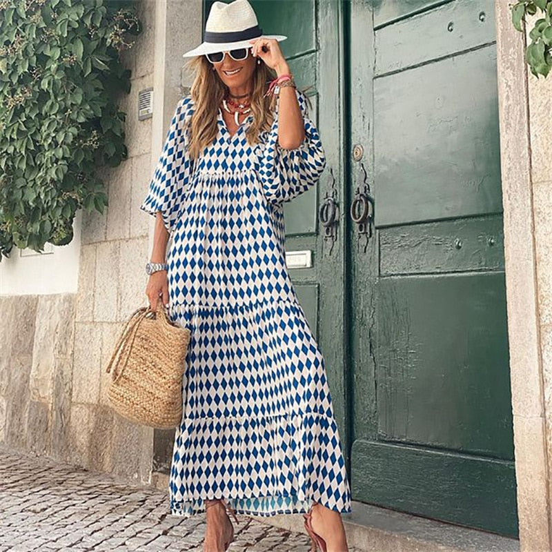 Valenzora | Geometric dress with puff sleeves for women