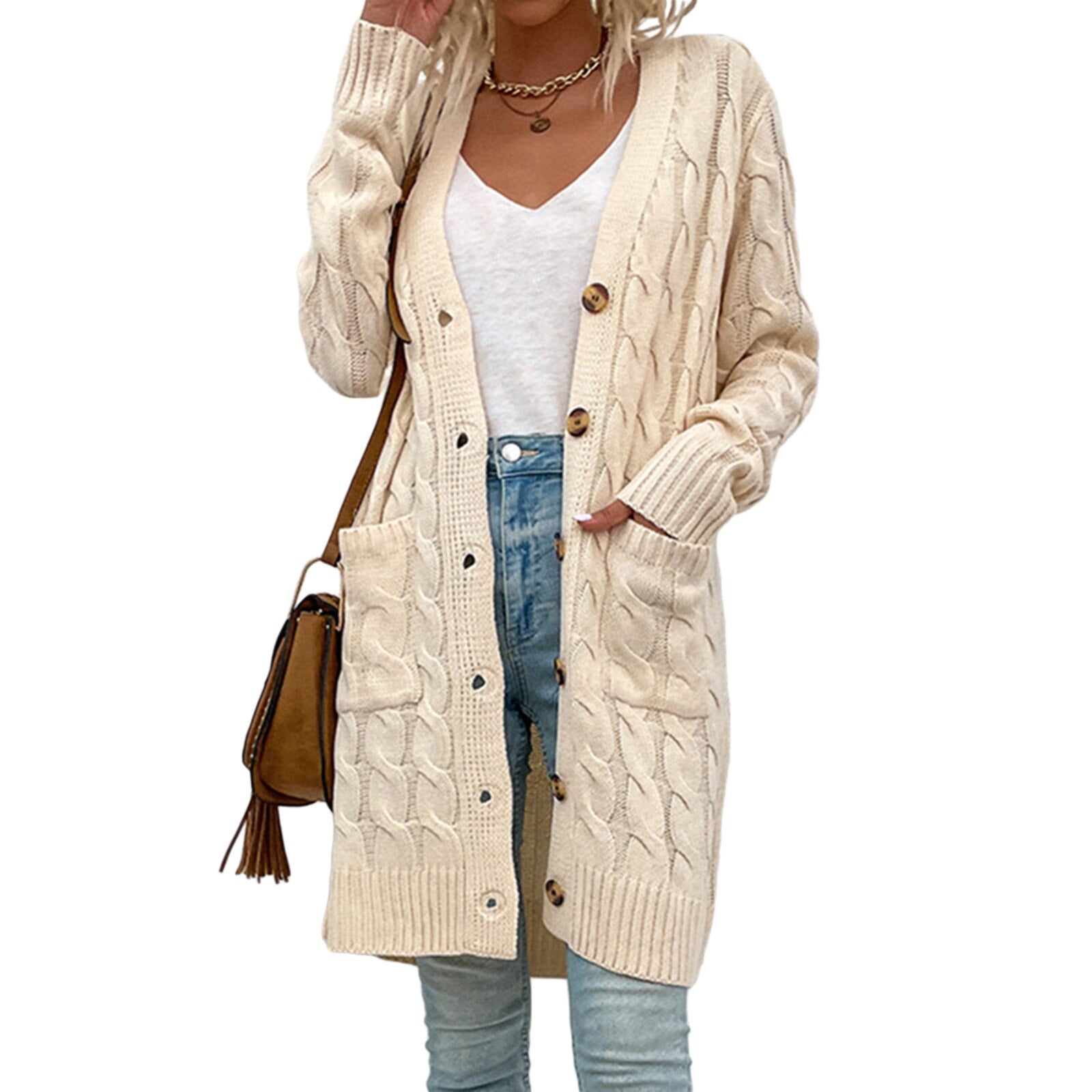 Long-sleeved knitted coat - women's cardigan with pockets for spring and autumn