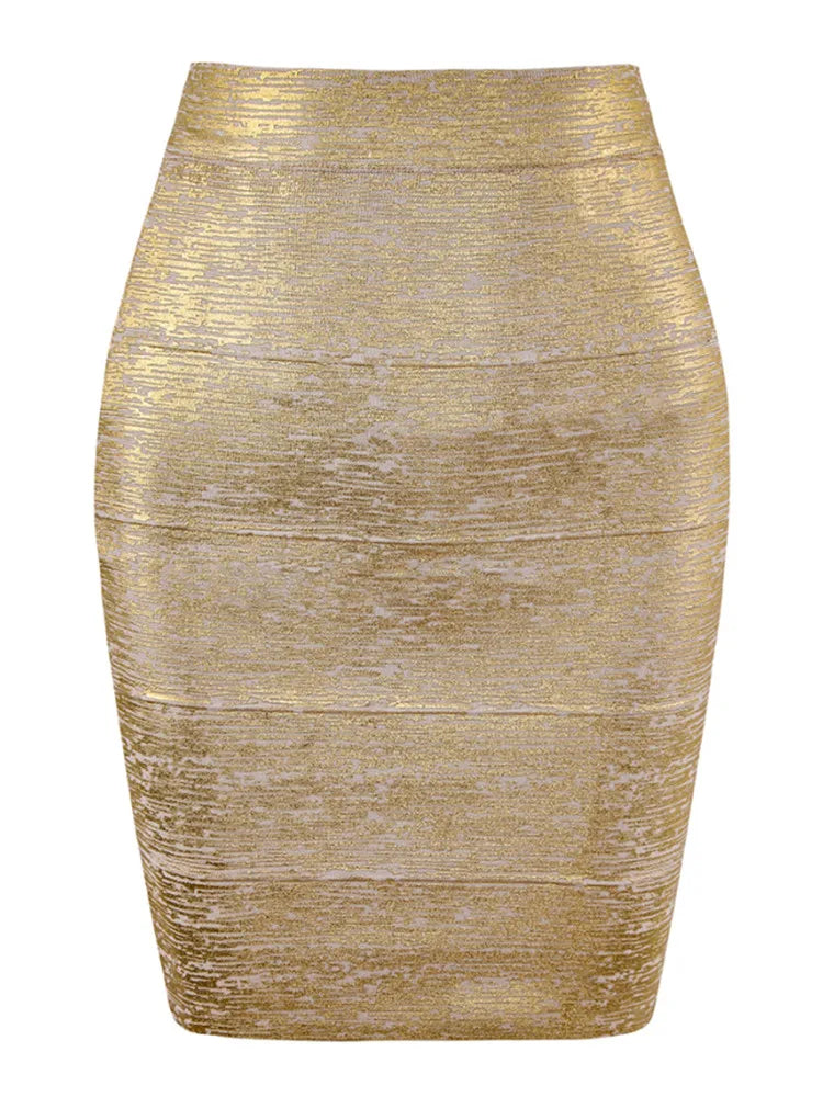 Valenzora | Großhandel Damen Sommer Mode Sexy Gold Bronze Verbandrock Designer Nachtclub Bodycon Bleistiftrock Faldas 46cm
