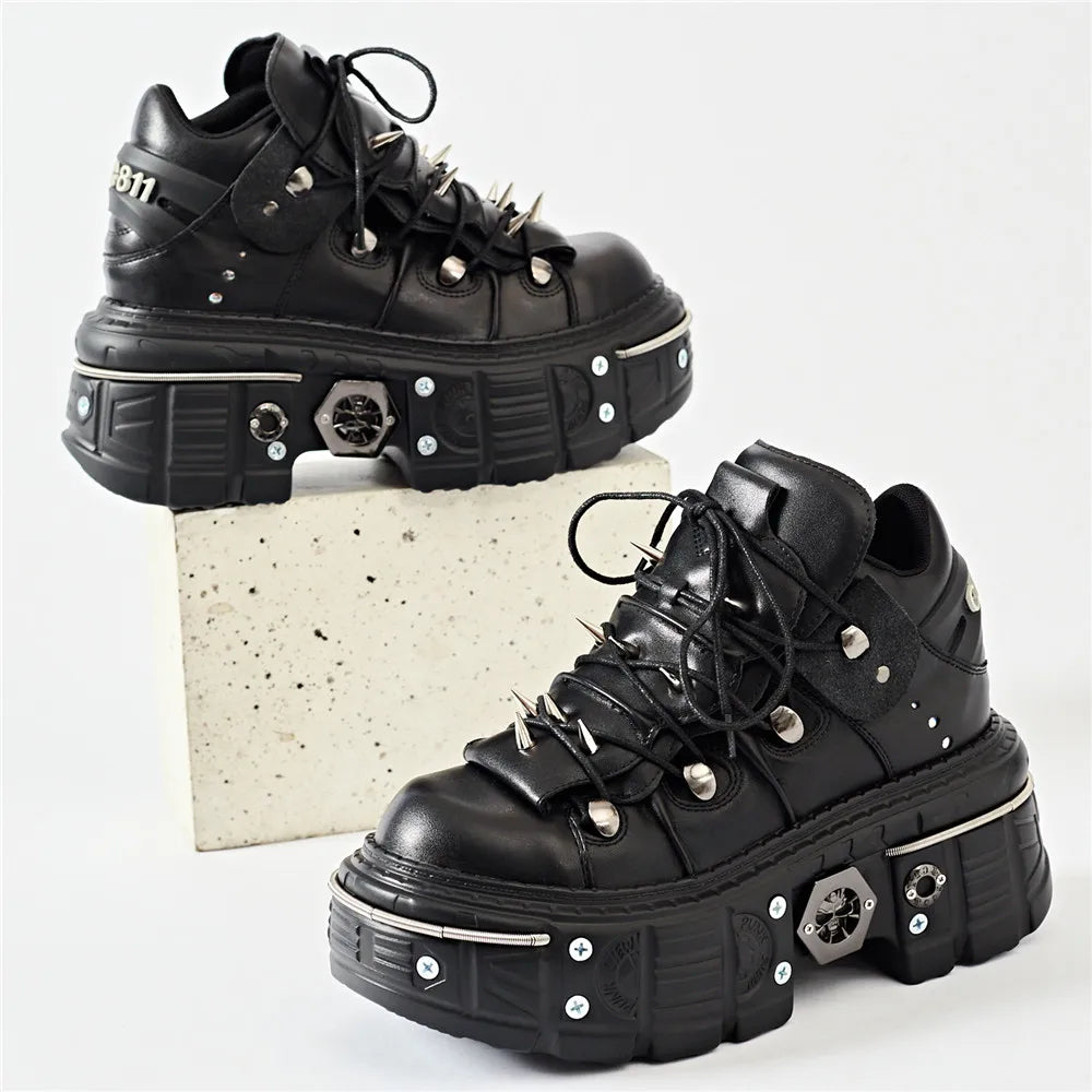 Valenzora | Fashion Women's Ankle Boots, Thin Heels, Round Toe, Lace-Ups, Metal Decoration, Sneakers, Studded, Punk, Gothic, Rock Shoes
