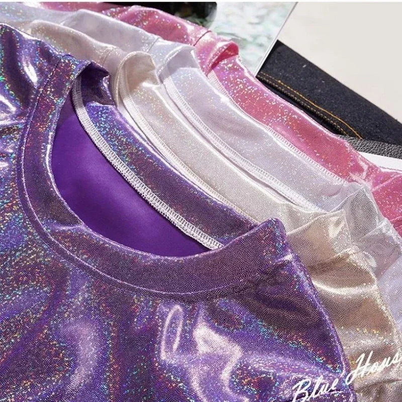 Valenzora | S 5XL Women's Sparkling Shiny Metallic Holographic Round Neck Short Sleeve Casual Loose Top Festival Party T-Shirt Women's Clothing
