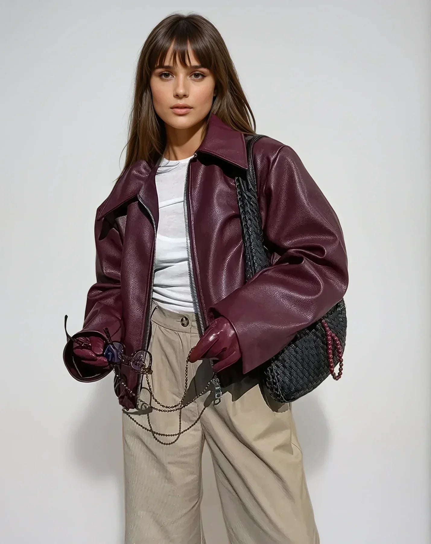 Valenzora | Women's Red Leather Jacket Vintage Leather Jacket with Zipper For Women