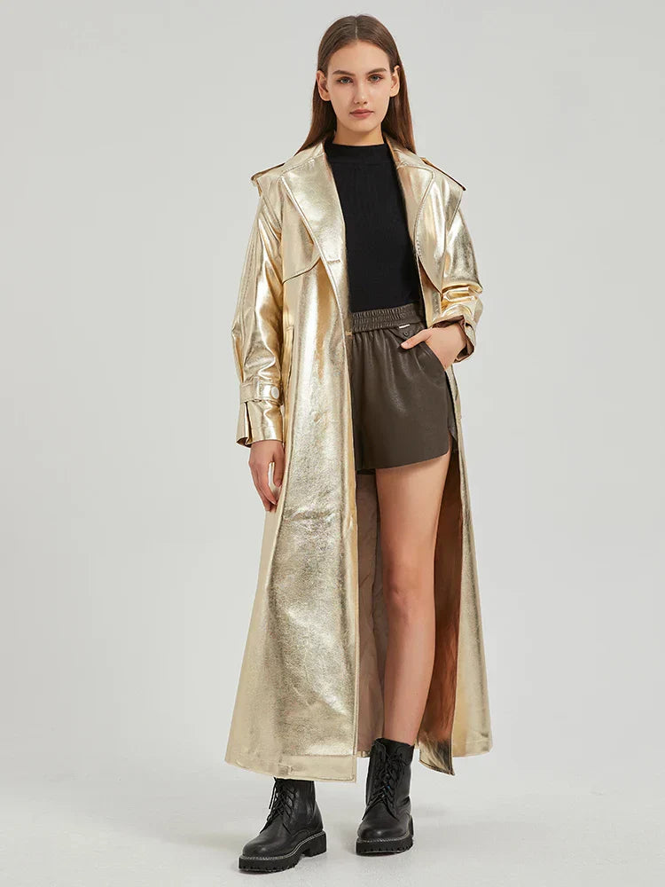 Valenzora | Lautaro Autumn Extra Long Gold Shiny Patent PU Leather Trench Coat for Women Simple Buckle Luxury Designer Overcoat